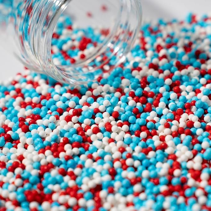 Nonpareils Sprinkles, White Edible Pearl Sprinkles for Cake Decorations, Baking, Ice Cream, Cookies, Cupcake Topper Edible Pearls Sprinkles - 2mm Matte White Sugar Pearls for Cake Decorating ( 130g/4.6oz )1 Bottle (2mm red blue)