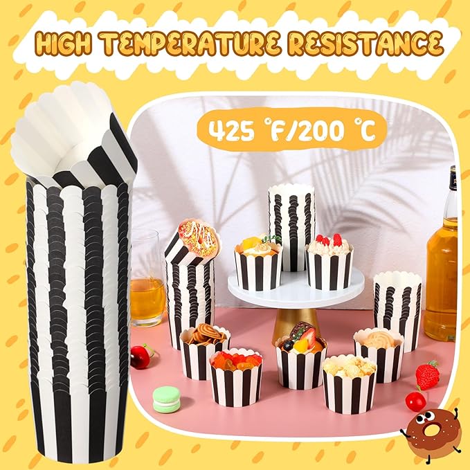 300 Pcs Cupcake Liners Baking Paper Cup Muffin Liners Stripes Cupcake Wrappers 2.3 Inch Muffin Baking Cups for Carnival Halloween Birthday Party Supplies(Black and White)
