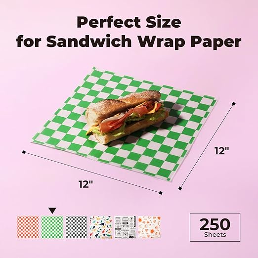 Fit Meal Prep [250 Sheets] 12x12" Deli Paper Sheets, Green and White Checkered Dry Waxed Paper, Sandwich Wrapping, Grease-Proof Wax Paper for Food Basket, Chritmas Parties, Picnic, Burgers