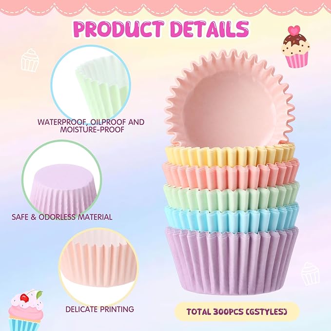 LemonRoad 300pcs Coated Paper Cupcake Liners for Baking Colorful Greaseproof Baking Cup for Muffin Dessert Candy Biscuit Cookies Brownie Wedding Birthday Party Baby Shower(Colorful,Round)