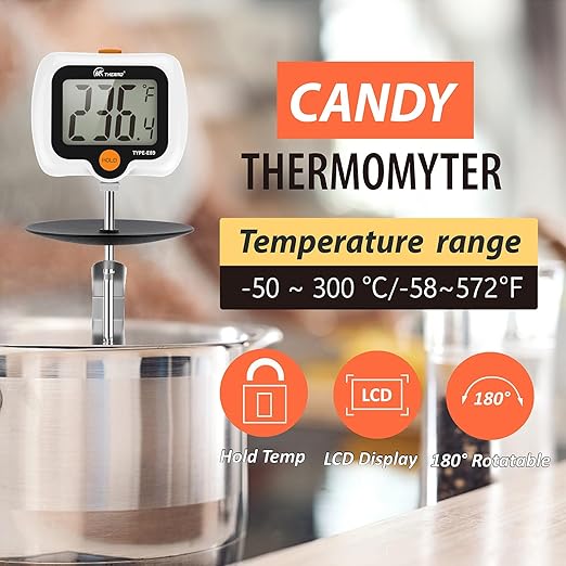 Digital Candy Thermometer with Adjustable Display, 304 Stainless Steel Probe, -58°F~572°F, Includes 2 Pot Clips & Heat-Insulating Pad for Sugar Syrup, Jam, Chocolate, Frying Oil (White)