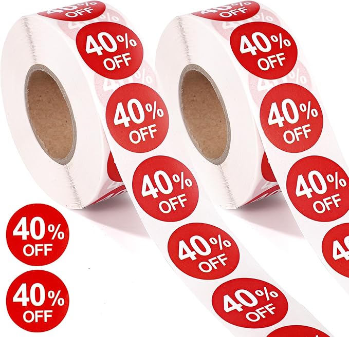 2 Rolls 40% Discount Stickers, 1 Inch Percent Off Promotion Labels Round Price Markers Reduced Percentage Tags Sale Signs for Retail Stores Supermarkets Shops Garage (Red)