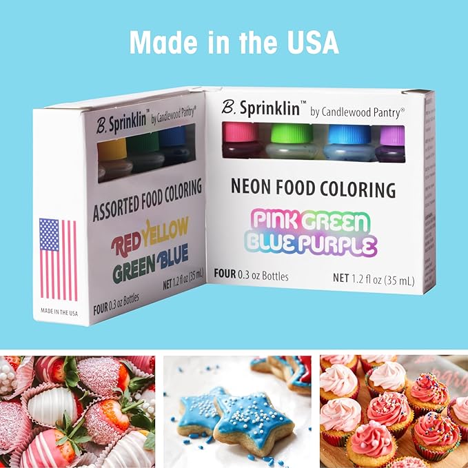 Candlewood Pantry B. Sprinklin Neon Liquid Food Coloring Kit Set of 4 - Pink, Green, Purple, Blue - Vibrant Food Dye for Slime Crafts, Eggs, Frosting and Cake Decorating 0.3 fl oz (Pack of 2)