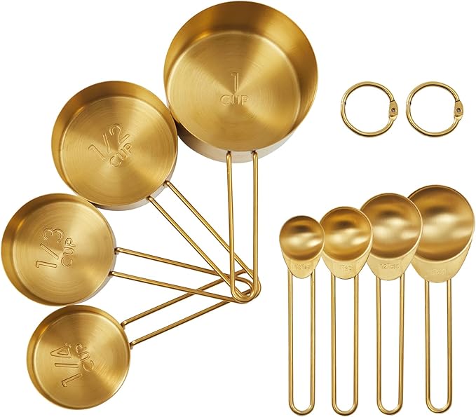 Golden 304 Stainless Steel Measuring Cups and Spoons Set,8PCS Stackable & Long Handle Fits Narrow Jars, Premium Gold Kitchen Accessories for Liquid & Dry Ingredients Baking Cooking, Durable&Rust-Proof