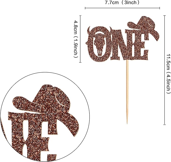 24Pcs Glitter ‘One’ Cowboy Cake Toppers Western Theme Cupcake Picks with Horseshoes Baby Shower Boys Birthday Party Cake Decorations Supplies