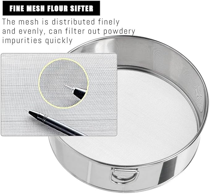 Flour Sifter Stainless Steel Fine Mesh Strainers 11.8 Inch 60 Mesh Round Flour Sieve for Baking Cake Bread