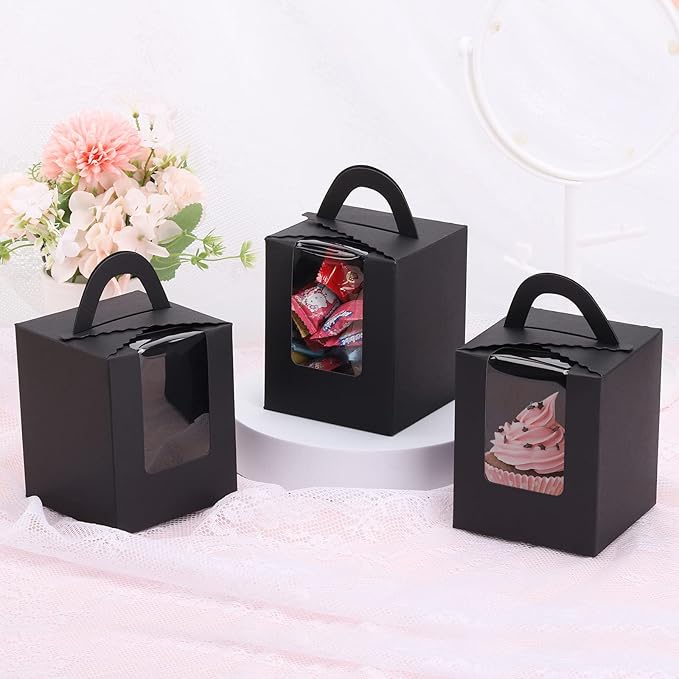 acDesign 100Pcs Cupcake Boxes With Window 3.6in*3.6in*4.3in Single Individual Cupcake Boxes With Handle and Inserts for Wedding Birthday Party Treats Gift,Black