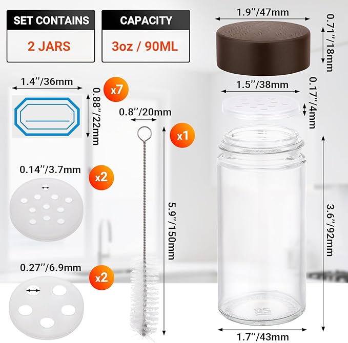 Segarty 3oz Spice Jar with Wood Lids, 2 PCS 90ml Glass Round Salt Jars with Shaker Lid, Clear Empty Seasoning Containers Spice Bottles Sugar Pepper Shakers, Small Storage Jar with 7 Stickers, 1 Brush
