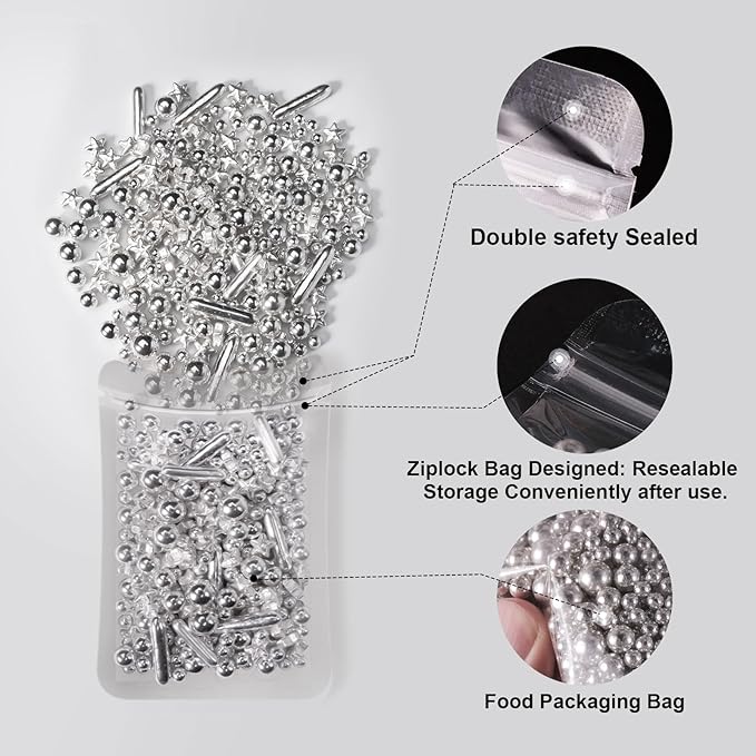 HUEBEATY 6-in-1 Metallic Silver Cake Pearls Sprinkles – Silver Galaxy Star Sprinkles for Cake Decorating, Cupcakes, Cookies & Ice Cream | 180g/6.36oz | Space, Wedding, Birthday Cake Decorations