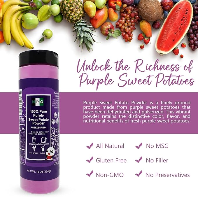 NPG 100% Pure Purple Sweet Potato Powder (Purple Yam Ube) 16 Ounces, All Natural Purple Dry Food Coloring Powder for Baking, Smoothies, Pasta, Tortillas, Vegan Gluten Free Non-GMO