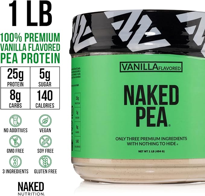 NAKED Vanilla Pea Protein Isolate from North American Farms, Only 3 Ingredients, Vanilla Vegan Protein, Gluten-Free, Soy Free, GMO Free - 1LB