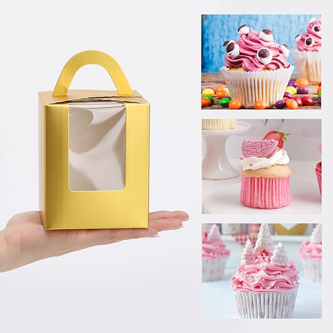 acDesign 100 Pcs Cupcake Holders Individual 3.6in*3.6in*4.3in Cupcake Boxes With Window Handle and Inserts for Bakery Wrapping Party Favor Packing(Gold)