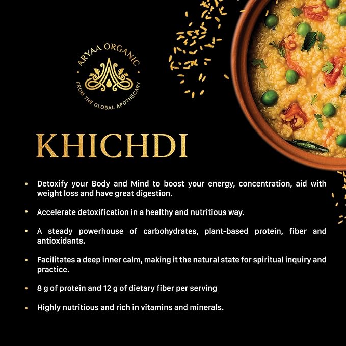 Aryaa Organic Khichdi 220g | Indian Risotto One-Pot Meal with Basmati Rice, Mung Dal & Ayurvedic Spices | High Protein, High Fiber, Vegan, Gluten-Free, Non-GMO, Easy to Digest, Ideal for Detox & Clean Eating