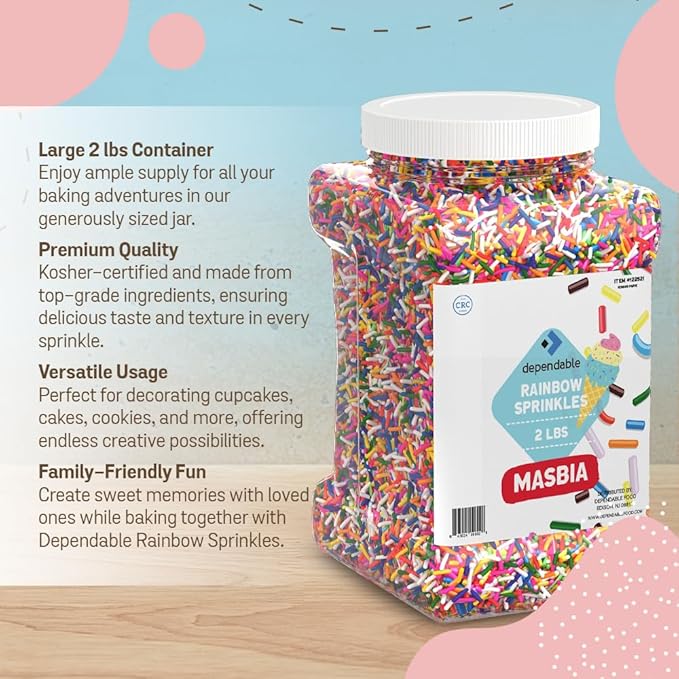 Dependable Food Rainbow Sprinkles - 2 Lb. Bulk Container - Gluten-Free, Kosher, Colorful Jimmies for Cake Decorating, Cupcakes & More - Resealable Jar