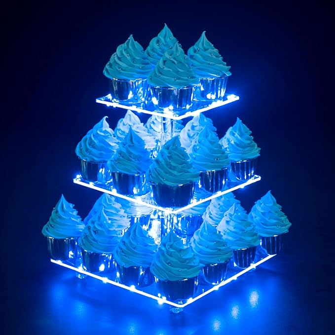 Cupcake Stand, 3-Tier Square Cupcake Holder with LED light String, Acrylic Cupcake Tower Display-Dessert Tower-Pastry Stand-Cupcake Tier Stand for Wedding, Birthday party ( Blue Light)