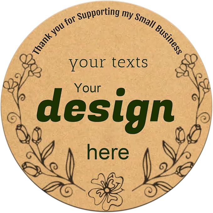 Custom Lables Round Kraft Paper Stickers, Decorative Labels with Floral Wreath Personalized with Texts, Logo, Thank You Labels for Business 100 Pack (Style 10)