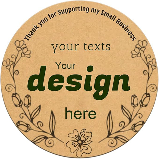 Custom Lables Round Kraft Paper Stickers, Decorative Labels with Floral Wreath Personalized with Texts, Logo, Thank You Labels for Business 100 Pack (Style 10)