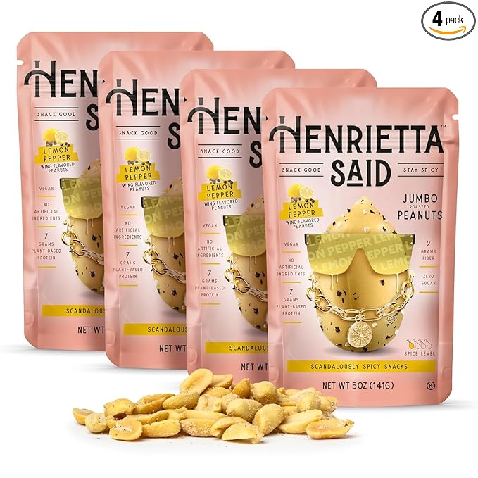 Henrietta Said Wing-Flavored Peanuts - Truly Good Foods Snacking Nuts - Bold Flavors - Savory & Spicy - Jumbo Flavored Peanuts - Protein Packed Vegan Snack - 4 (5-oz) Packs - Lemon Pepper