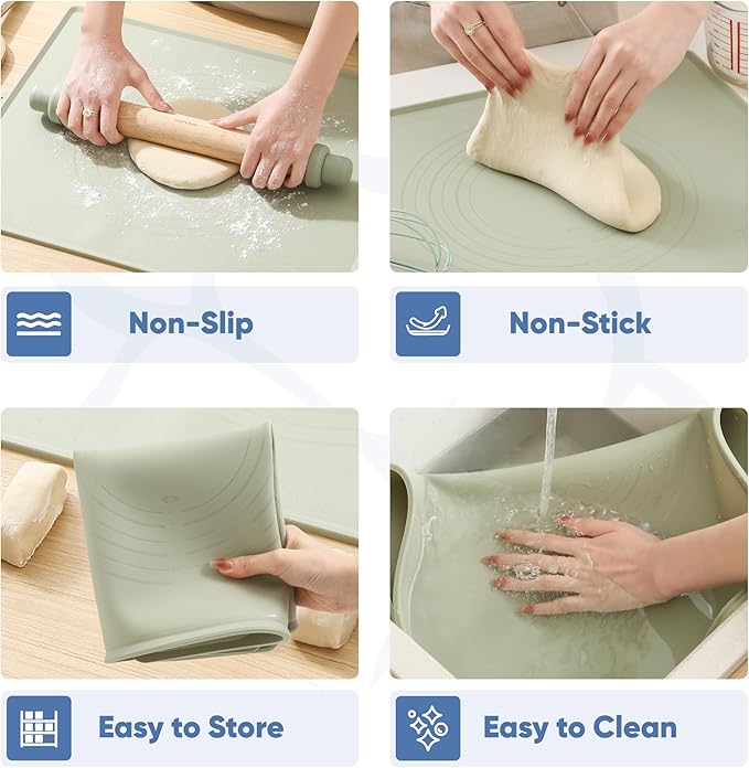 Chef's Path Baking Essentials Set - Adjustable Rolling Pin with 4 Thickness Rings, Reversible Baking Mat, 2-in-1 Silicone Dough Scraper & Wooden Dough Cutter - Food-Safe Baking Tools, Sage Green