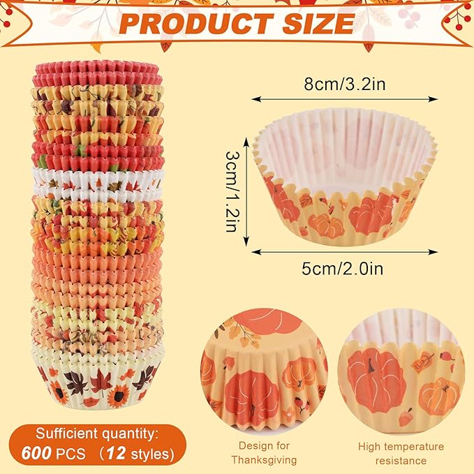 600 Pack Fall Cupcake Liners Thanksgiving Cupcake Wrappers Disposable Baking Cups Muffin Liners for Birthday Party Fall Themed Party Supply Decor (12 Styles)