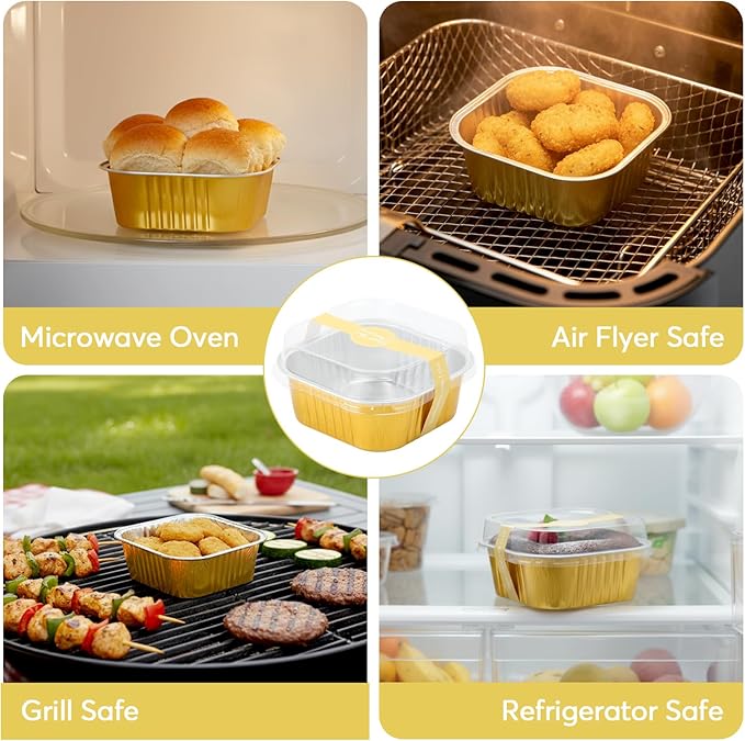 Ruckae 10oz 100 Pcs Square Mini Loaf Pans with Lids-Disposable Foil Dessert Containers,Mini Cake Pans with Lids,Aluminum Dessert Cups for Parties and Weddings (Gold, 10oz)