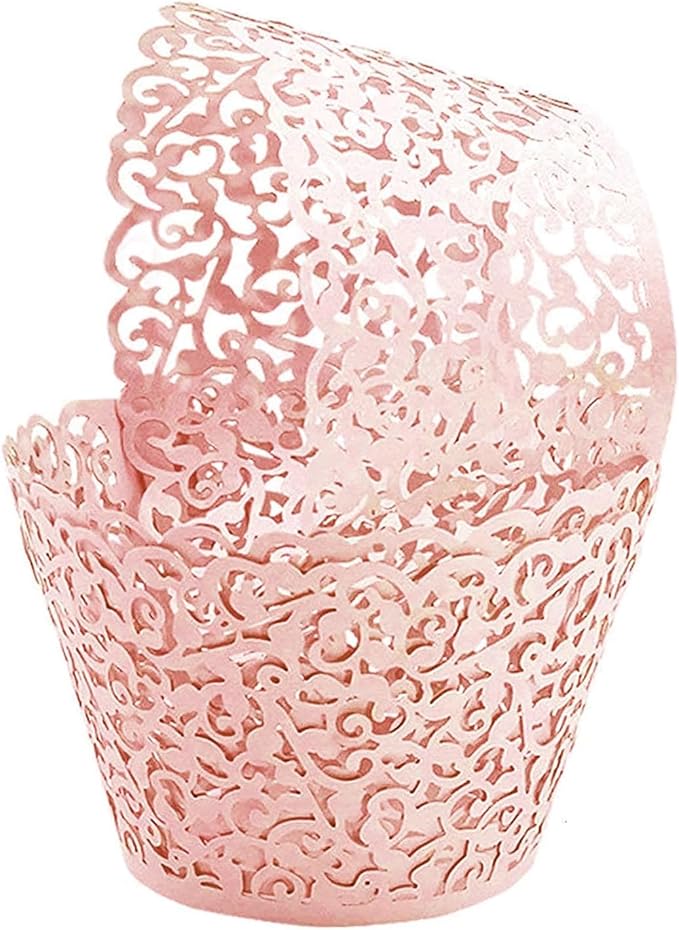 GOLF 100Pcs Cupcake Wrappers Artistic Bake Cake Paper Filigree Little Vine Lace Laser Cut Liner Baking Cup Wraps Muffin CaseTrays for Wedding Party Birthday Decoration (Pink)