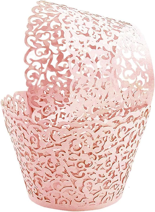 GOLF 100Pcs Cupcake Wrappers Artistic Bake Cake Paper Filigree Little Vine Lace Laser Cut Liner Baking Cup Wraps Muffin CaseTrays for Wedding Party Birthday Decoration (Pink)