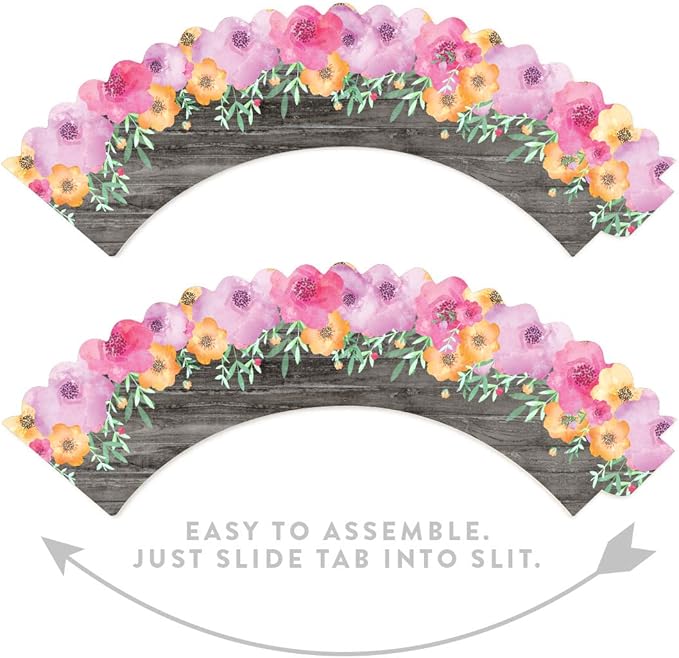 Andaz Press Party Cupcake Wrapper Decorations, Pink Floral Flowers on Gray Wood, 24-Pack, For Girls 1st Birthday Baby Bridal Shower Tea Party Themed Decorations