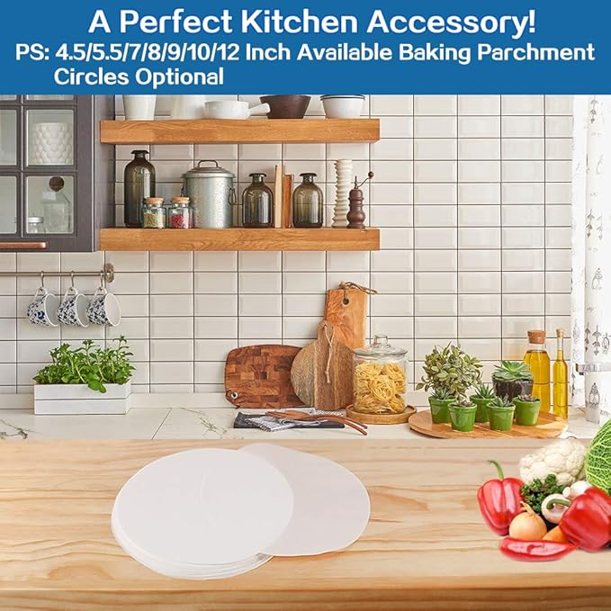 Parchment Paper Rounds, Set of 200, Non Stick 8 Inch Baking Parchment Circles/Baking Paper Rounds for Cake Pan, Springform Pan, Tortilla Press and so on(4.5/5.5/6/7/9/10/12inch Available)