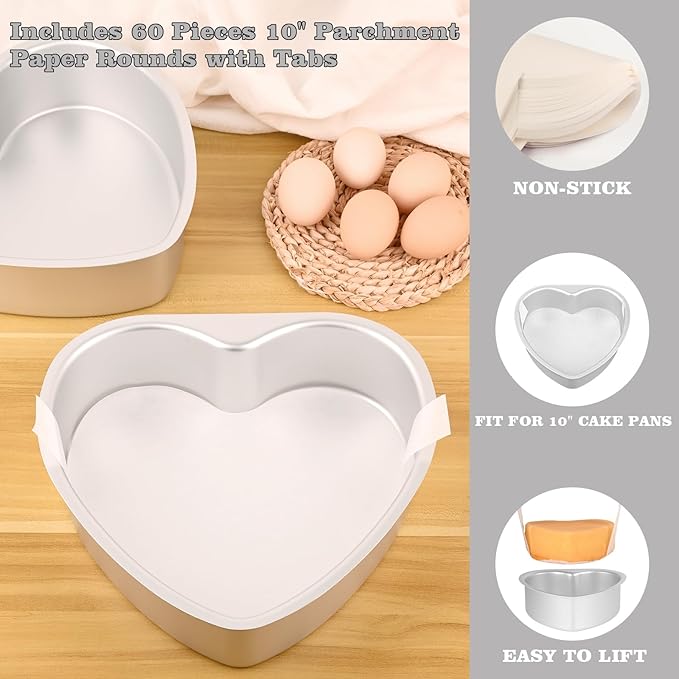 HUAKENER 10 Inch Heart Cake Pan, Set of 2 Heart Shaped Cake Pans with 60 Pieces Parchment Paper, Non-stick Cake Baking Pans for Kitchen Birthday Wedding