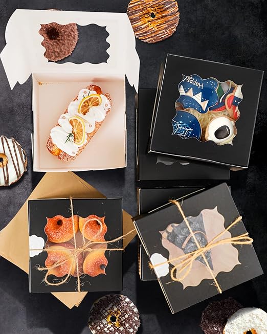 qiqee Black Cookie Boxes with Window 36packs 6x6x3 Black Bakery Box Pastry Box for Wedding Favor Birthday ＆ Party