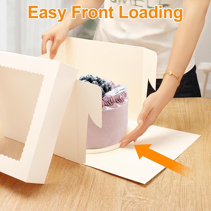 2 Pack Cake Boxes, 10x10x8 Inches Tall Cake Box with Cake Boards, Disposable Cakes Carrier, Cakes Transport Container with Lid, White Bakery Boxes with Window, for Cookies Pies Cupcakes