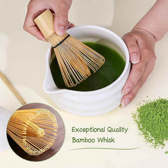7 Pcs Matcha Whisk Set Macha Kit with Chawan Spout Bowl Bamboo Brush Chasen Holder Powder Starter Sifter Ceramic Japanese Making Matcha Tea Tool with Spoon and Tea Towel for Ceremony Gift (White)