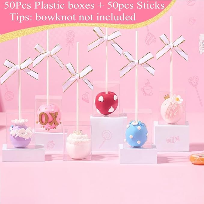 50 Pack Clear Cake Pop Favor Boxes 1.75x1.75x2in with Pre-Cut Hole & Paper Sticks - Ready-to-Use Treat Boxes for Birthdays, Weddings, Baby Showers - Perfect for Cake Pop, Truffles & Party Favors