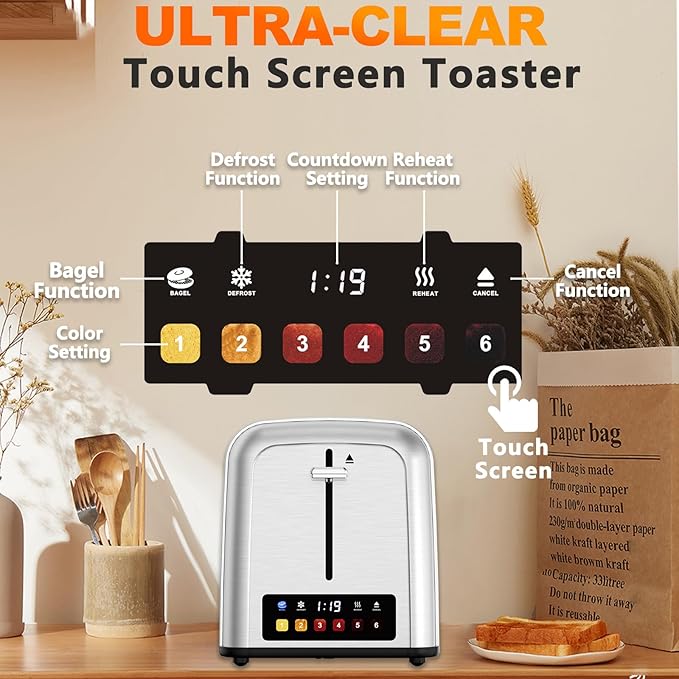 Touch Screen Toaster 2 Slice Retro Stainless Steel,Best Prime 2 Slice Toaster Wide Solt with 6 Shade Settings, Perfect for Waffles, Bagels and More 238TC(Silver)