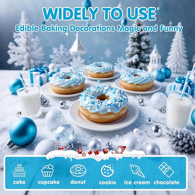 Christmas Edible Blue Silver White Sprinkles,Winter Jimmies Pearls Mix,130g/4.58oz,Perfect for Cake Decorations,Cake and Cupcake Sprinkles with Assorted Shapes and Sizes for Parties Baking, Ice Cream, Cookies, Cupcake Topper