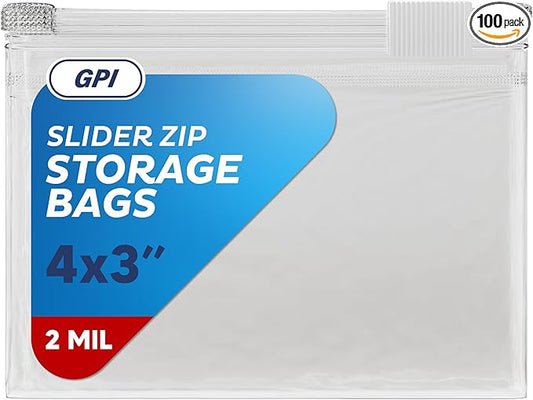 100 Count - Slider Zip Food Storage Snack Bags, 4" x 3" 2 Mil, Strong & Durable For Nuts, Candy, Snacks, Seeds, Jewelry & More. GPI