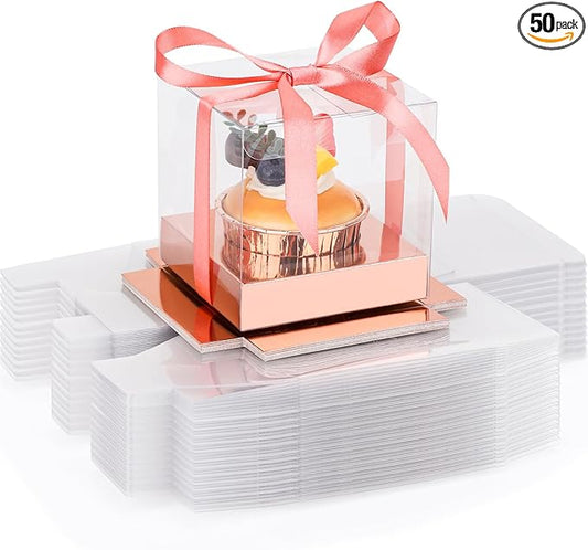 EUSOAR Rose Gold Tall Cupcake Containers, 50pcs 3.5 Inch Individual Cupcake Boxes Storage for Cake Dessert, Plastic Cupcake Wrappers Cupcake Holder with Ribbon for Wedding Birthday Party Favor
