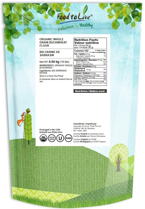 Food to Live Organic Whole Grain Buckwheat Flour, 10 Pounds – Non-GMO, Kosher, Unbleached, Unbromated, Unenriched, Stone Ground, Powder, Meal, Sirtfood, Bulk