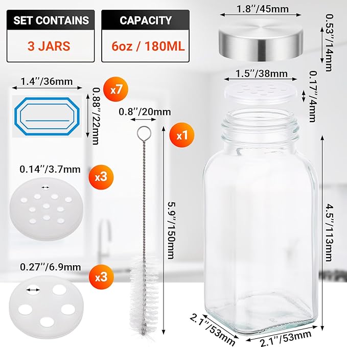 Segarty 6oz Spices Bottle with Stainless Steel Shaker Lids, 3 PCS 180ml Square Spice Containers, Empty Seasoning Organizer for Salt Pepper Sugar Herb Storage, Large Glass Jars with 7 Stickers, 1 Brush