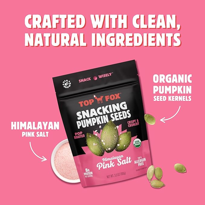 Top Fox Snacks Pumpkin Seeds to Eat (Himalayan Pink Salt, 5.5 oz – 2 Pack) - Gluten Free Snacks, Protein Snacks, Keto Friendly Snacks, Allergen Free Snacks, Paleo & Vegan - Organic Pop-Roasted