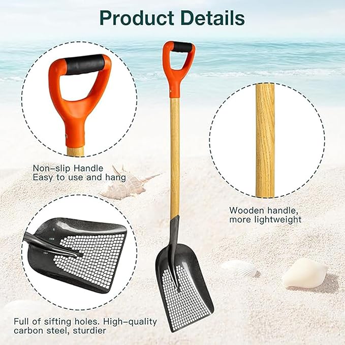 Sifting Scoop Shovel Steel Sand Sifter Treasure Shovel Digger Sifter for Farm Chicken Coop Goat Stall Sand Poop Cleaning, Transfer Shovel, Black