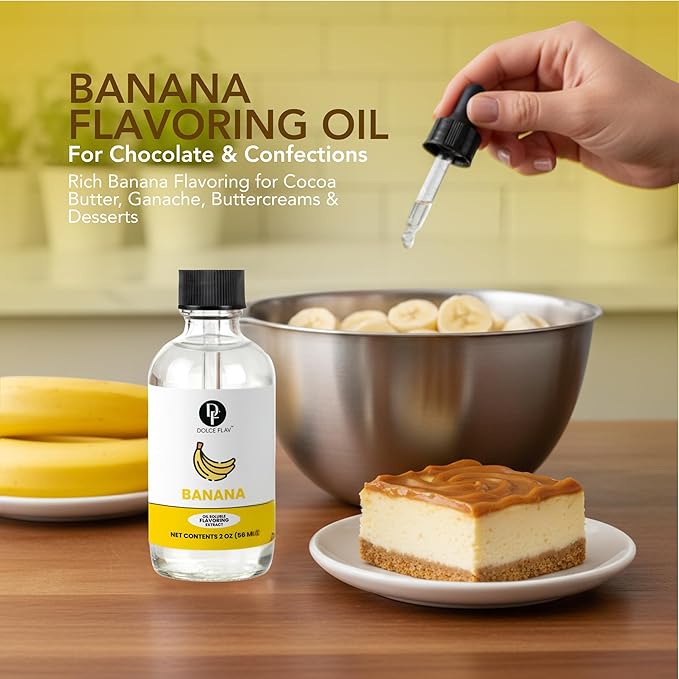 Dolce Flav Natural Banana Extract – 2 oz Water-Soluble Pure Banana Flavoring Drops for Baking, Smoothies & Desserts | Sugar Free, Allergen Free, Kosher | Made in USA