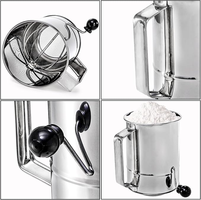3 Pack Flour Sifter Set, 5 Cup Hand Crank Sifter with 2 Pieces Baker's Dusting Wands, Stainless Steel Fine Mesh Baking Sifter with Agitator Rotary, Powdered Sugar Duster for Baking Dessert