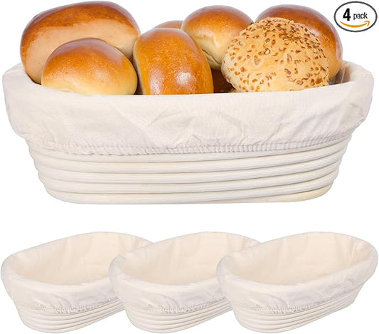 4 PCS Rattan Bread Proofing Baskets, Oval Shaped with Cloth Covers, Ideal for Sourdough, Home and Restaurant Baking, 9.8 x 5.9 x 3.1 Inches, Quality and Easy to Clean