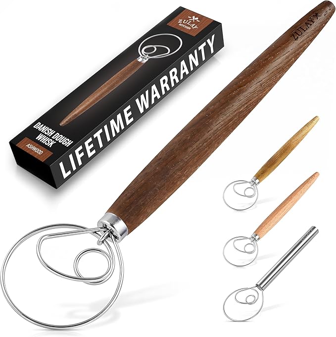 Zulay Kitchen 13 Inch Danish Dough Whisk - Large Wooden Danish Whisk For Dough With Stainless Steel Ring - Traditional Dutch Whisk Baking Tool For Bread, Batter, Cake, Pastry (Ashwood)