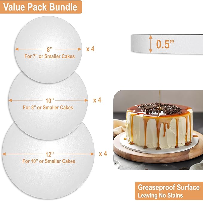 Sleek Cake Board Drum 8, 10 & 12 Inch (3 Sizes, 12 Pack Total) | Free Prop Up Tool | 1/2" Thick Cake Board Rounds | Sturdy & Greaseproof Cake Circle For Presenting Heavy/Tiered Cakes