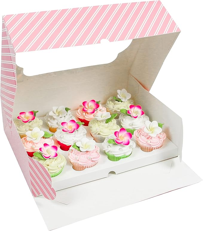 Global Sugar Art Auto-Popup Quarter Sheet Cake & Cupcake Box with Window and Cupcake Insert, Pink Striped 14 x 10 x 4 Inches, 5 Count