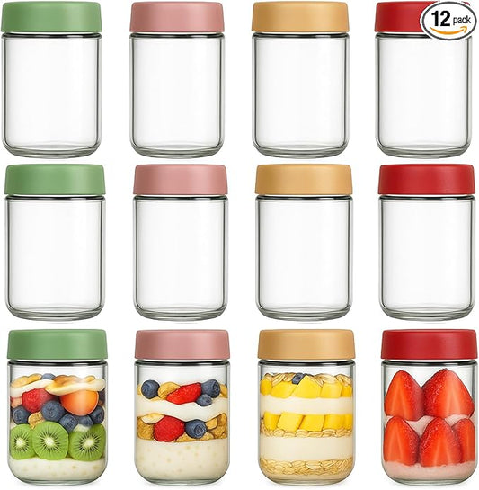 12-Pack 16oz Glass Jars with Lids, Airtight Overnight Oats Containers, Salad& Yogurt Storage, Mason Jars for Snacks, Spices, Meal Prep – Reusable