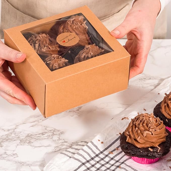 QTLCOHD 40 Pack Cupcake Boxes 4 Count, 6 x 6 x 3 Inch Folded Cupcake Containers, Brown Muffin Boxes with Window Bulk for Cookie, Pastry, Cake, Dessert, Treat Packaging